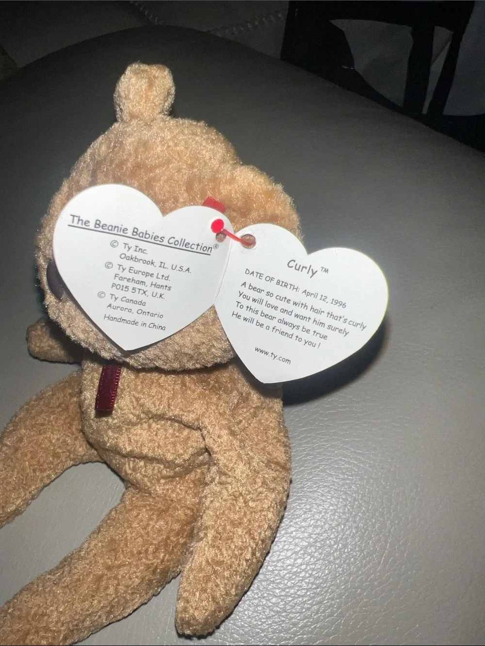 Curly TY Classic Brown Plush Teddy Bear with Red Ribbon
